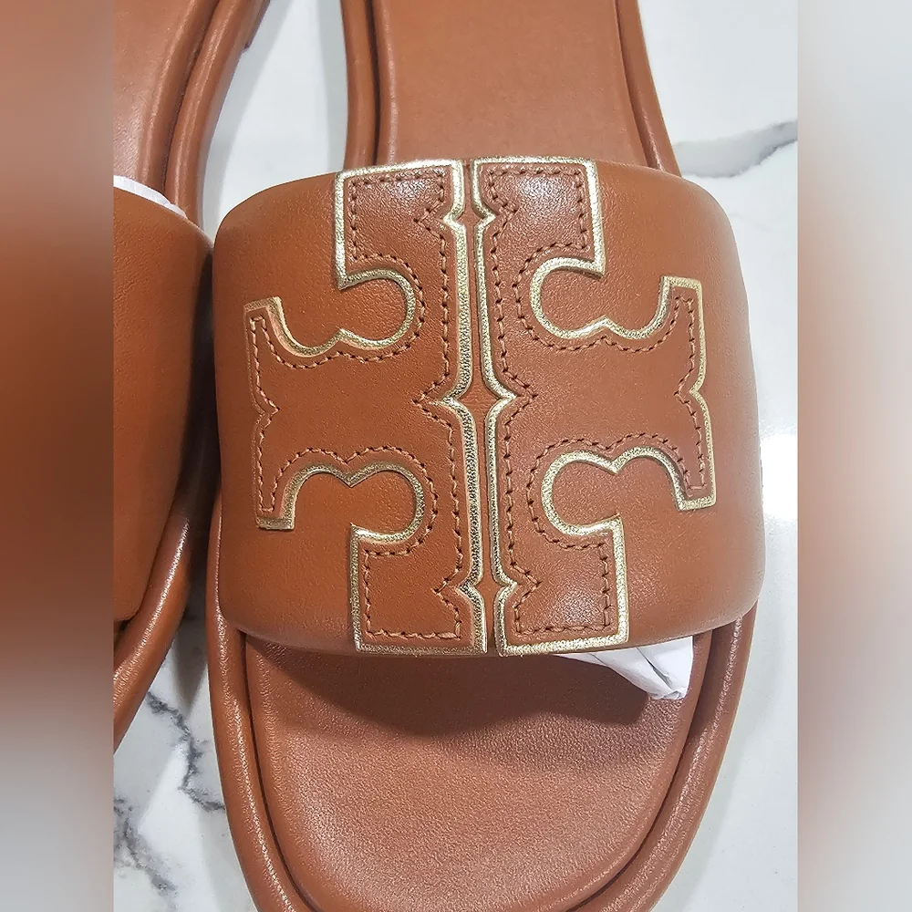 Tory Burch Women's Double T Sport Slides Bourbon Miele Gold Size 9 New - Picture 3 of 9